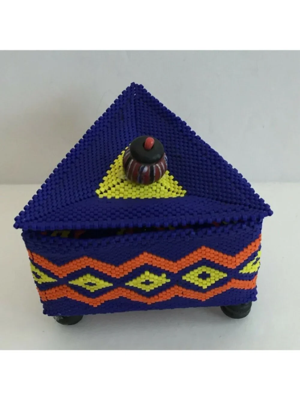 Handmade Beaded Small Box Royal Blue Orange Yellow Tribal Tchotchke